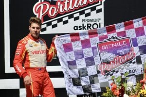 Will Power celebrates his win in the NTT IndyCar Series Grand Prix of Portland.