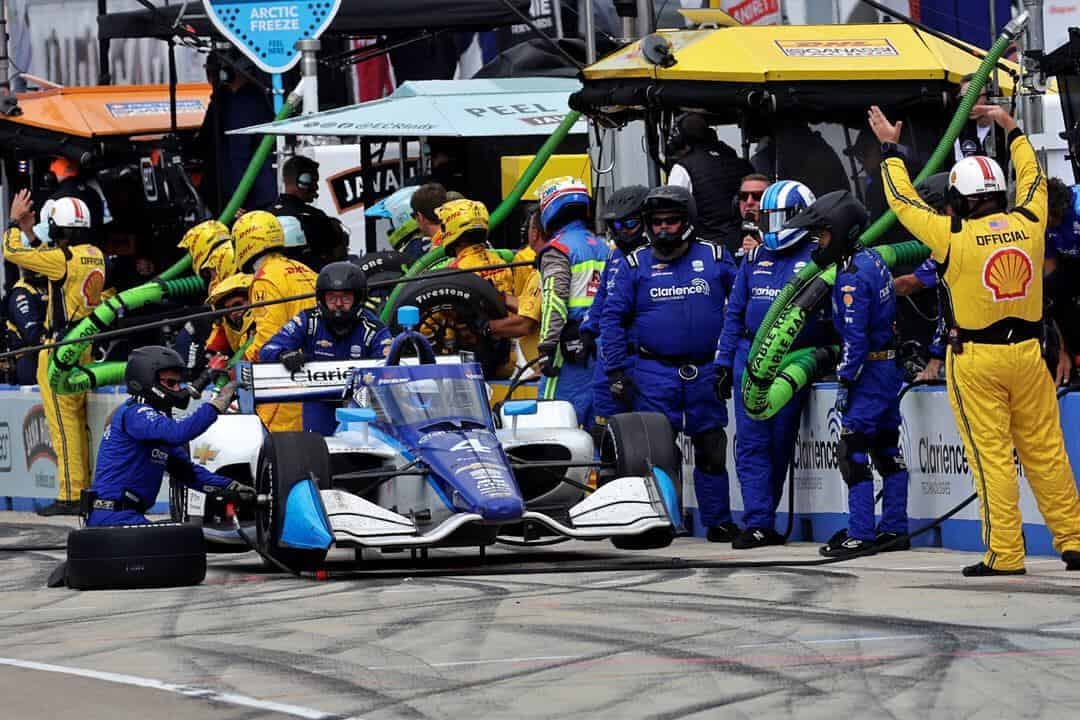 NTT IndyCar Series driver David Malukas takes a pit stop at the Milwaukee Mile, 2025.