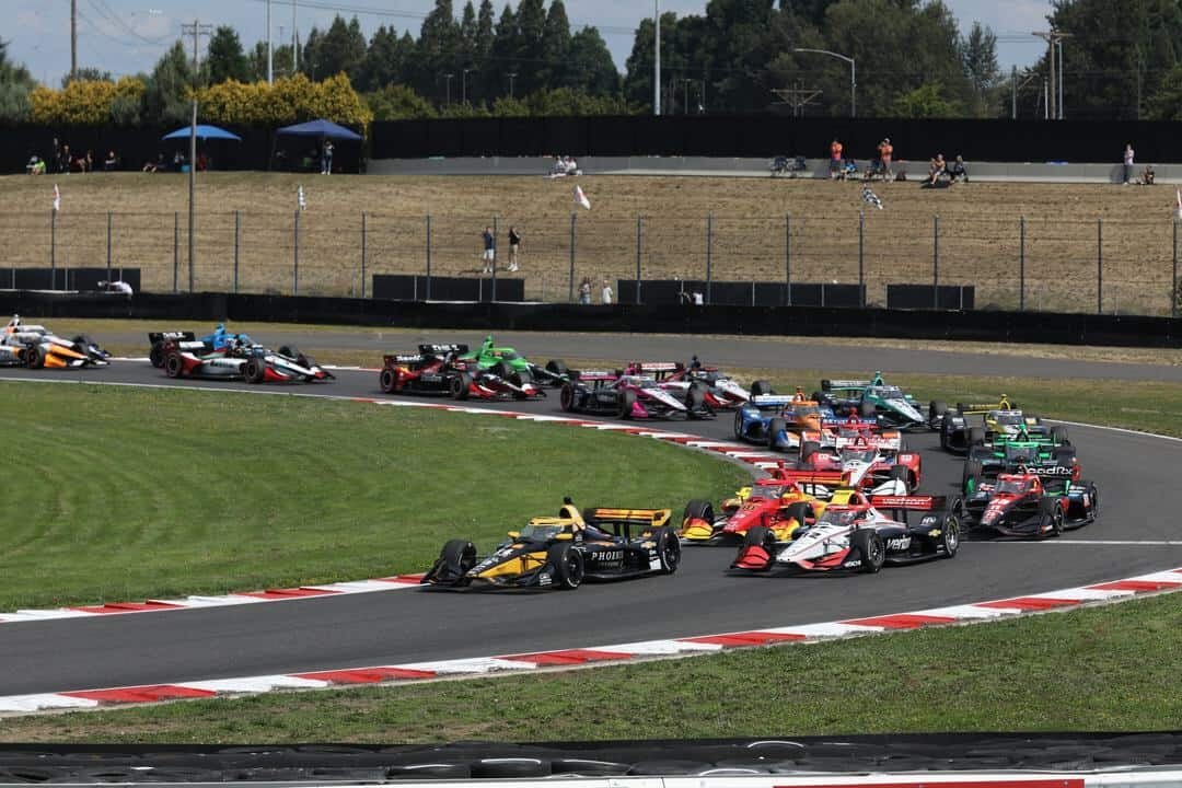 The NTT IndyCar Series field takes the green flag at Portland International Raceway.