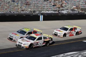 2025 ARCA Bristol pack racing III - Michael Maples, No. 99 Maples Motorsports Chevrolet and CR7 Motorsports teammates Jason Kitzmiller, No. 97 Chevrolet, and Isaac Kitzmiller, No. 79 Chevrolet (Credit: Danny Hansen/NKP)