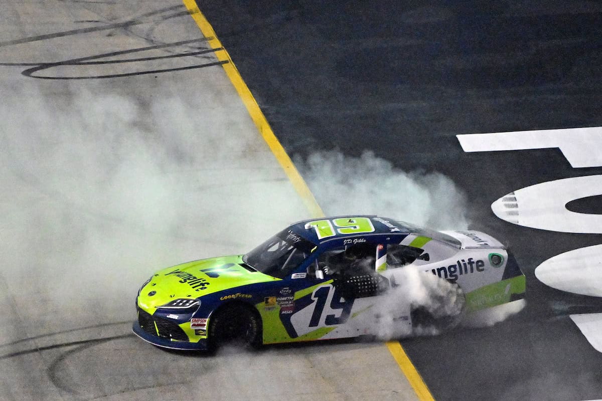Aric Almirola celebrates winning the NASCAR Xfinity Series 2025 Food City 300 at Bristol Motor Speedway.