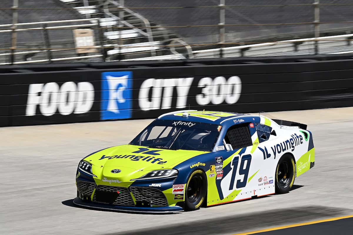 Aric Almirola races for Joe Gibbs Racing during the 2025 NASCAR Xfinity Series Food City 300 at Bristol Motor Speedway.