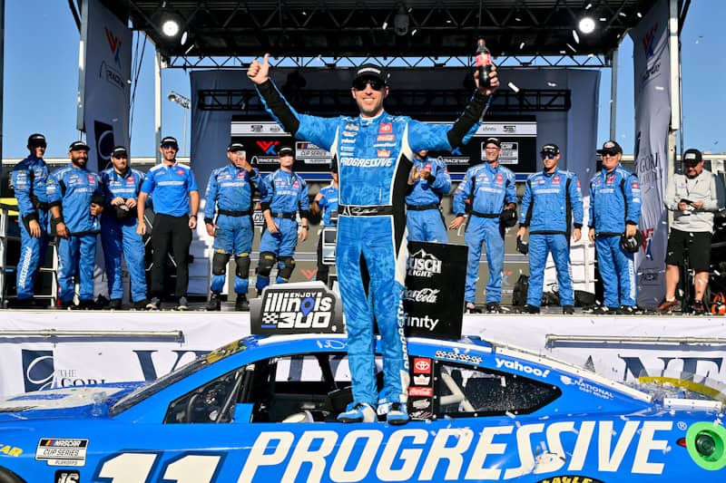 2025 Cup Gateway Denny Hamlin celebrates (Credit: Matthew T. Thacker/NKP)