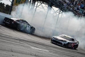 2025 Cup New Hampshire Ty Gibbs, No. 54 Joe Gibbs Racing Toyota, crash (Credit: Chase Folsom)
