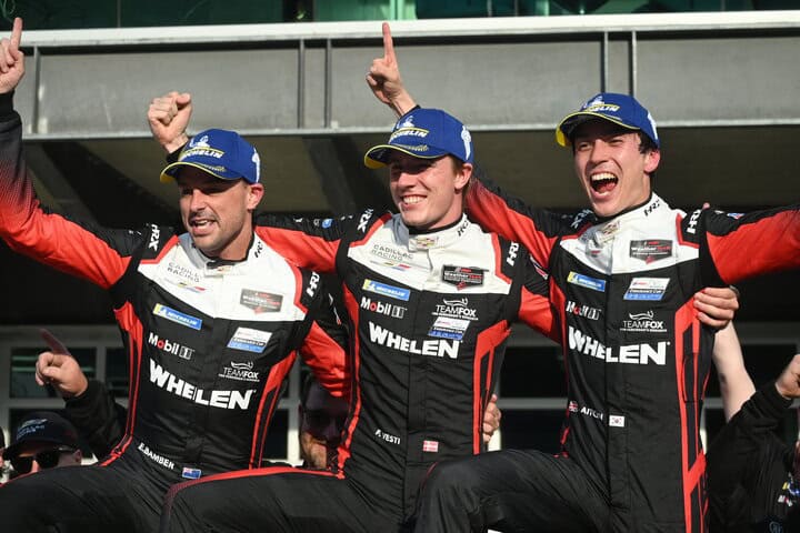 Earl Bamber, Frederik Vesti and Jack Aitken celebrate their victory in the TireRack.com Battle On The Bricks, 9/21/2025 (Photo: Phil Allaway)
