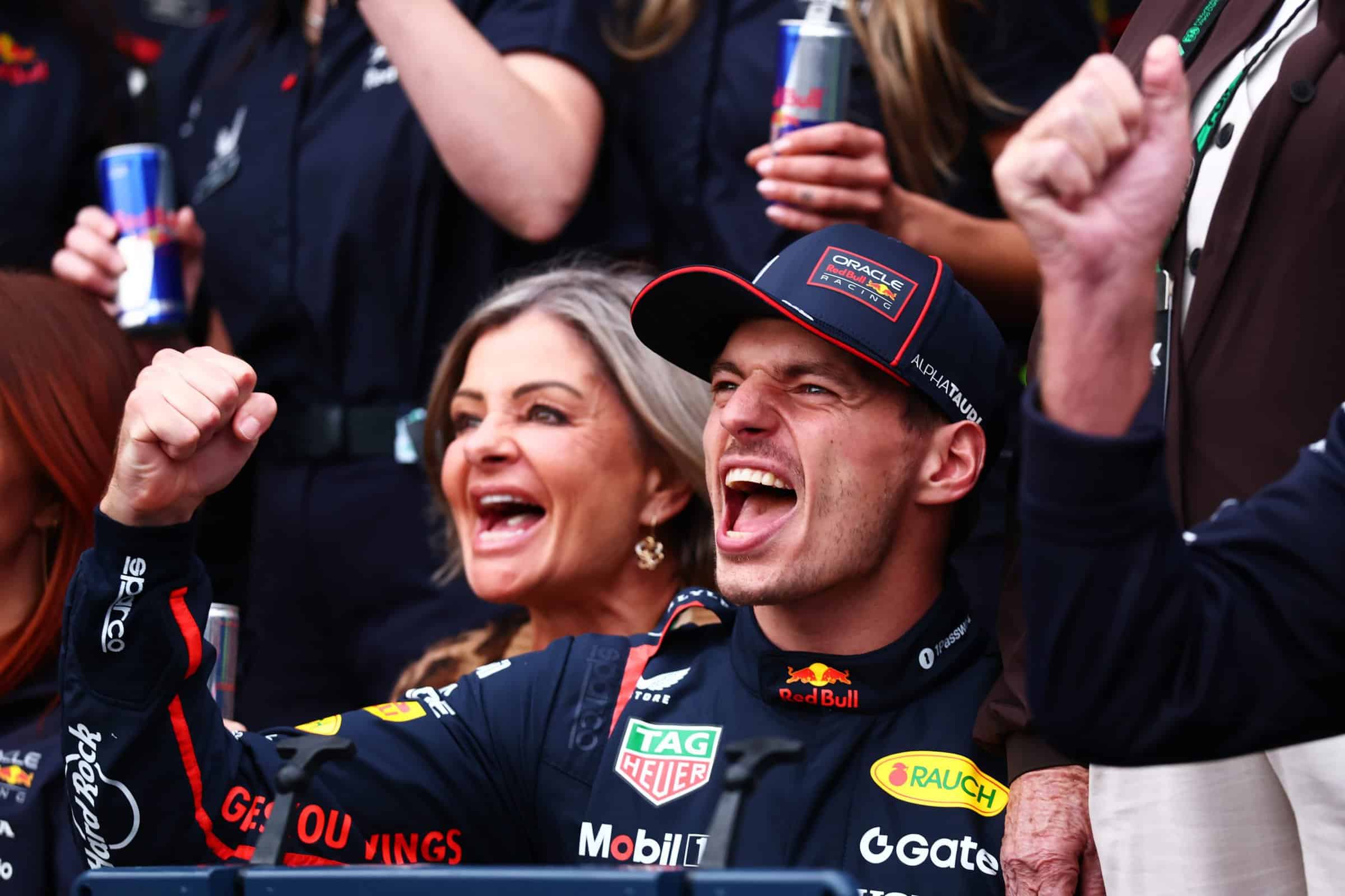 Max Verstappen celebrates with the Red Bull Racing team after winning the 2025 Azerbaijan Grand Prix.