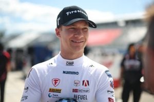 Dennis Hauger after winning the pole for the Firestone Indy NXT Series race at The Milwaukee Mile, 8/23/2025 (Photo: Joe Skibinski/Penske Entertainment)