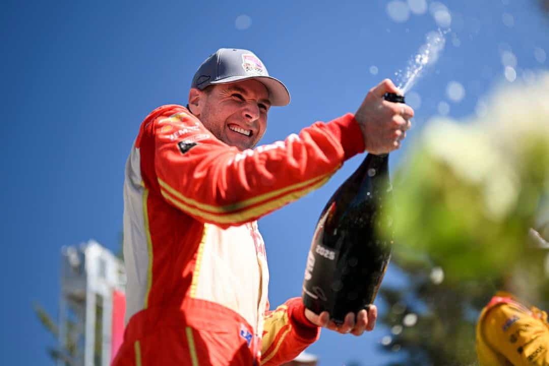 NTT IndyCar Series driver Will Power celebrates after winning at Portland International Raceway in 2025.