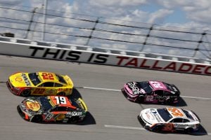2025 Cup Talladega II pack racing IV - Joey Logano, No. 22 Team Penske Ford, and Chase Briscoe, No. 19 Joe Gibbs Racing Toyota (Credit: Matthew T. Thacker/NKP)