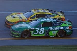 2025 Cup Talladega II side-by-side racing II - Front Row Motorsports teammates Todd Gilliland, No. 34 Ford, and Zane Smith, No. 38 Ford (Credit: Peter Casey/NKP)