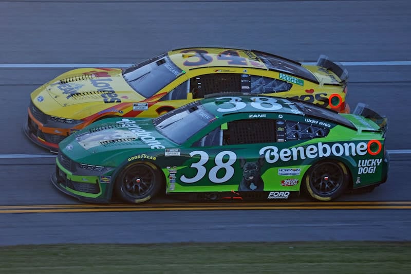 2025 Cup Talladega II side-by-side racing II - Front Row Motorsports teammates Todd Gilliland, No. 34 Ford, and Zane Smith, No. 38 Ford (Credit: Peter Casey/NKP)