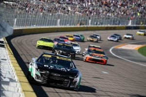 William Byron, driver of the #24 Relay Payments Chevrolet, leads the field during the NASCAR Cup Series South Point 400 at Las Vegas Motor Speedway on October 12, 2025 in Las Vegas, Nevada. (Photo by Chris Graythen/Getty Images)