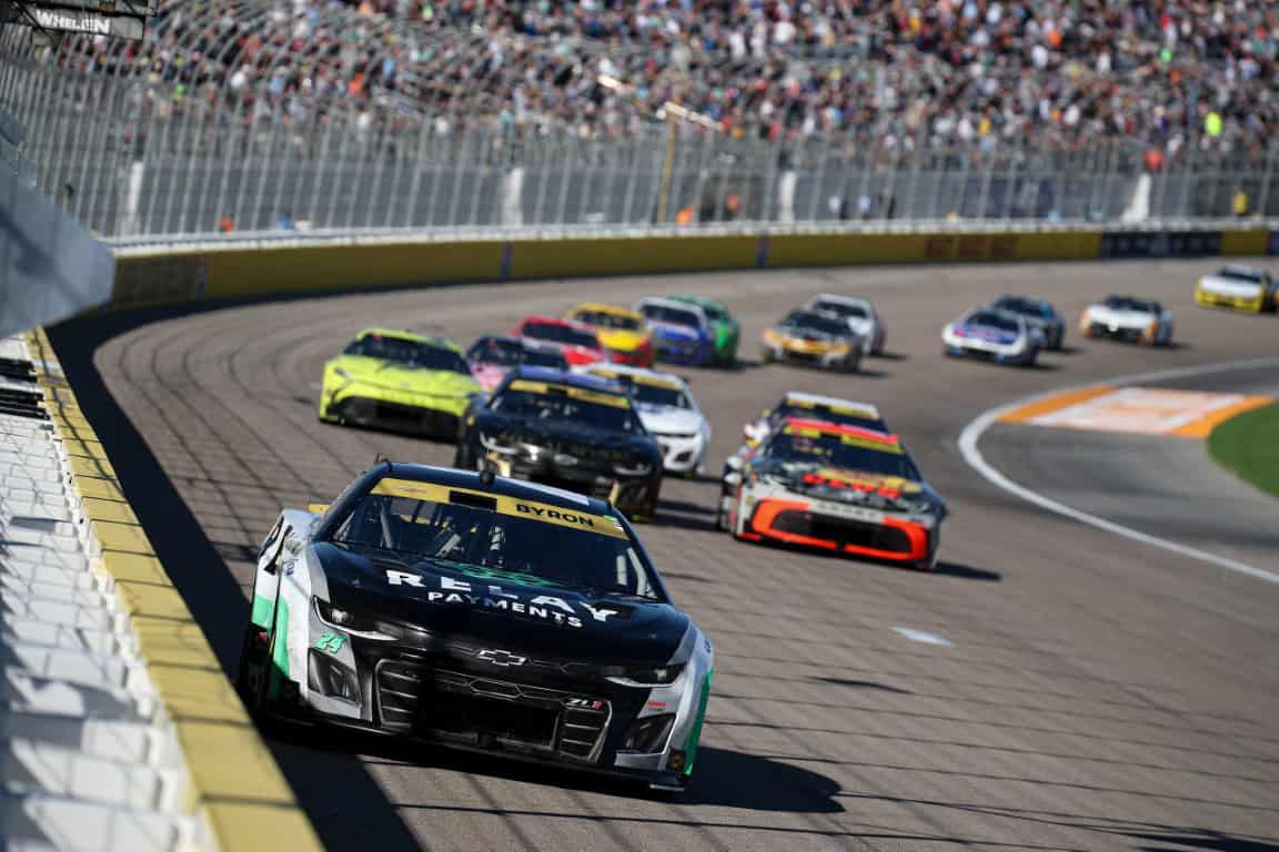 William Byron, driver of the #24 Relay Payments Chevrolet, leads the field during the NASCAR Cup Series South Point 400 at Las Vegas Motor Speedway on October 12, 2025 in Las Vegas, Nevada. (Photo by Chris Graythen/Getty Images)