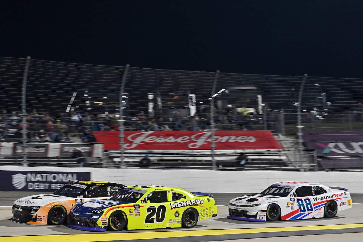 NASCAR Xfinity Series Martinsville #16: Christian Eckes, Kaulig Racing, Celsius Chevrolet, #20: Brandon Jones, Joe Gibbs Racing, Menards/Dawn Toyota Supra, #88: Connor Zilisch, JR Motorsports, WeatherTech Chevrolet