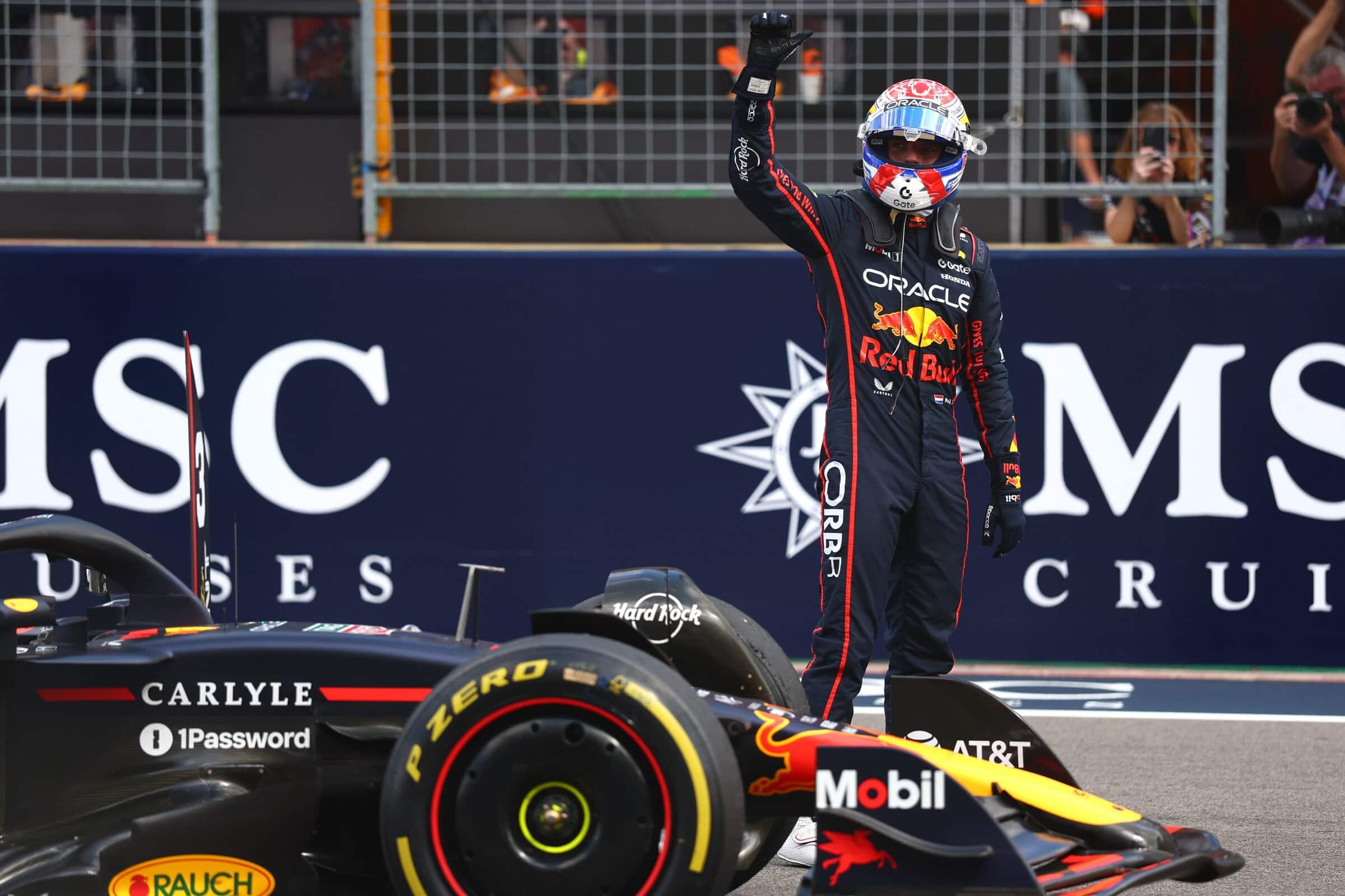 Max Verstappen celebrates after winning the F1 Sprint race at the 2025 United States Grand Prix.