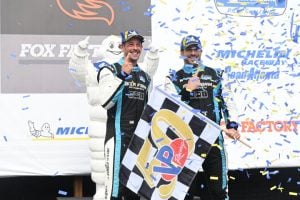Moisey Uretsky and Michael Cooper celebrate their victory in the FOX Factory 120 at Michelin Raceway Road Atlanta, 10/10/2025 (Photo: Phil Allaway)