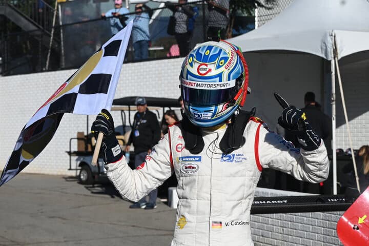 Valentino Catalano celebrates an unexpected victory in IMSA VP Racing SportsCar Challenge Race No. 2 at Michelin Raceway Road Atlanta, 10/10/2025 (Photo: Phil Allaway)