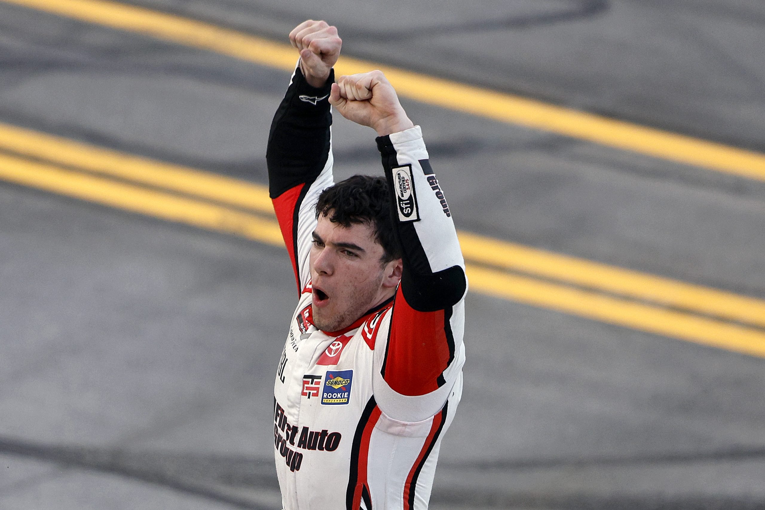 Giovanni Ruggiero, driver of the #17 First Auto Group Toyota, celebrates after winning the NASCAR Craftsman Truck Series Love's RV Stop 225 at Talladega Superspeedway on October 17, 2025 in Talladega, Alabama. (Photo by Sean Gardner/Getty Images)