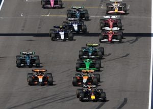 Max Verstappen leads Lando Norris and Oscar Piastri off the line for the F1 Sprint at the United States Grand Prix.