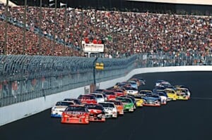 Jeff Gordon leads the pack in the 2001 New Hampshire 300 in the NASCAR Cup Series.