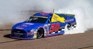 2025 ARCA West Phoenix II Trevor Huddleston, No. 50 High Point Racing Ford, burnout (Credit: Patrick Vallely/NASCAR via ARCA Racing used with permission)