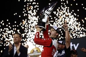 Jesse Love celebrates the 2025 NASCAR Xfinity Series title