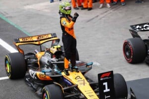 Lando Norris (McLaren F1) celebrates after winning the 2025 Sao Paulo Grand Prix.