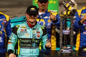 Mason Massey with the ARCA Menards Series West Trophy at Kevin Harvick's Kern Raceway