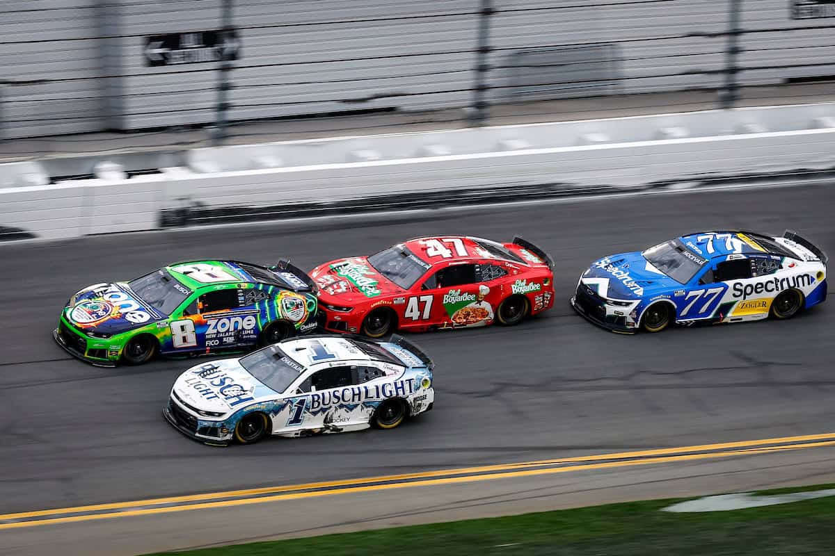 #1: Ross Chastain, Trackhouse Racing, Busch Light Chevrolet Camaro, #8: Kyle Busch, Richard Childress Racing, zone JalapeƱo Lime Chevrolet Camaro, #47: Ricky Stenhouse Jr, Hyak Motorsports, Chef Boyardee Chevrolet Camaro, #77: Carson Hocevar, Spire Motorsports, Spectrum Chevrolet Camaro