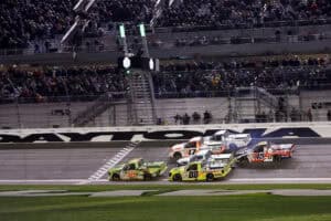 #38: Chandler Smith, Front Row Motorsports, TrophyCatch Ford F-150 wins the NASCAR Craftsman Truck Series race at Daytona International Speedway.
