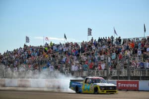 Layne Riggs celebrates after winning the 2026 NASCAR Craftsman Truck Series race on the streets of St. Petersburg.
