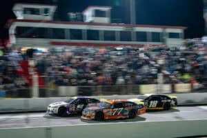 2026 ARCA East Hickory racing - Landon S. Huffman, No. 9 CR7 Motorsports Chevrolet, Tristan McKee, No. 77 Pinnacle Racing Group Chevrolet, and Max Reaves, No. 18 Joe Gibbs Racing Toyota (Credit: Andrew Stein/NASCAR via ARCA Racing used with permission)