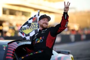 Tyler Reddick, driver of the #45 Chumba Casino Toyota, celebrates` after winning his third race in a row to start the 2026 NASCAR season winning the NASCAR Cup Series DuraMax Grand Prix Powered by RelaDyne at Circuit of The Americas on March 01, 2026 in Austin, Texas. (Photo by James Gilbert/Getty Images)