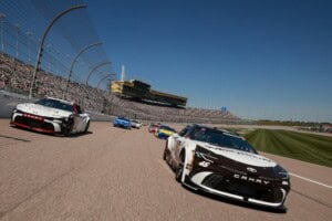 2026 Cup Kansas I pack racing II - Denny Hamlin, No. 11 Joe Gibbs Racing Toyota, and Tyler Reddick, No. 45 23XI Racing Toyota (Credit: David Jensen/Getty Images via NASCAR Media)