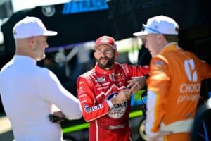 2026 Cup Kansas I Trackhouse Racing teammates Shane van Gisbergen, Ross Chastain, and Connor Zilisch (Credit: Nigel Kinrade/NKP)