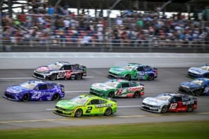 NASCAR Cup Series Talladega #23: Bubba Wallace, 23XI Racing, Xfinity Toyota Camry, #3: Austin Dillon, Richard Childress Racing, Bass Pro Shops/Winchester Long Beard XR Chevrolet Camaro, #6: Brad Keselowski, RFK Racing, Castrol Ford Mustang, #20: Christopher Bell, Joe Gibbs Racing, Rheem Toyota Camry