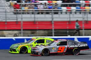 #20: Brandon Jones, Joe Gibbs Racing, Menards/Pennington Toyota Supra and #9: Ross Chastain, JR Motorsports, Carolina Carports Chevrolet Camaro