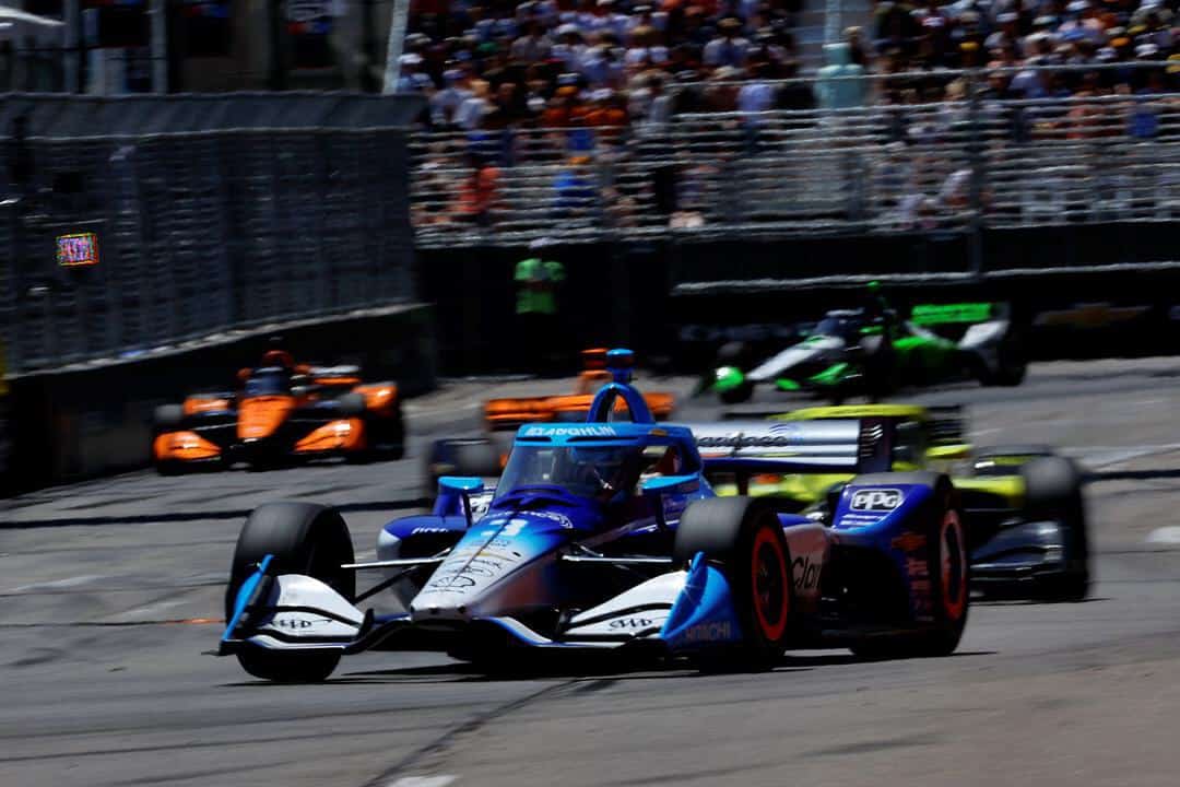 Scott McLaughlin leads Will Power at the NTT IndyCar Series Chevrolet Detroit Grand Prix.