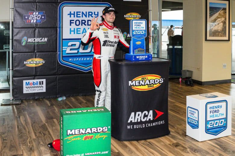 2026 ARCA Michigan Gio Ruggiero victory lane (Credit: Zack Silver/ARCA Racing used with permission)