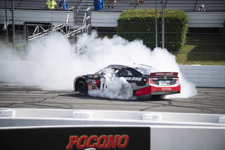2026 ARCA Pocono Gio Ruggiero, No. 18 Joe Gibbs Racing Toyota, burnout (Credit: Mike Lawrence/ARCA Racing used with permission)