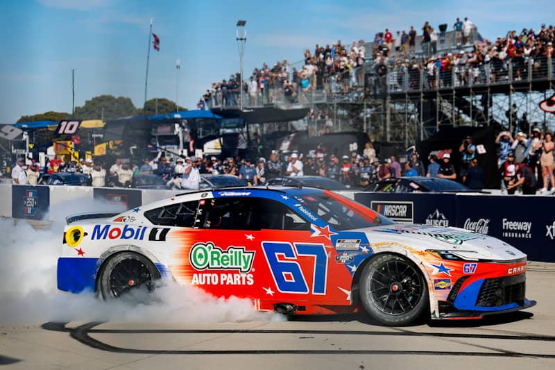 2026 Cup San Diego Corey Heim, No. 67 23XI Racing Toyota, burnout (Credit: Danny Hansen/NKP)