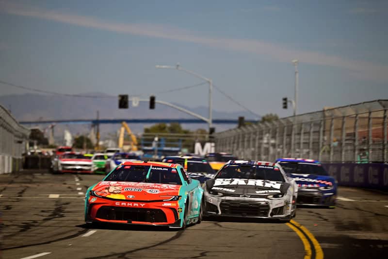 2026 Cup San Diego racing IX - Denny Hamlin, No. 11 Joe Gibbs Racing Toyota, and Austin Dillon, No. 3 Richard Childress Racing Chevrolet (Credit: Nigel Kinrade/NKP)