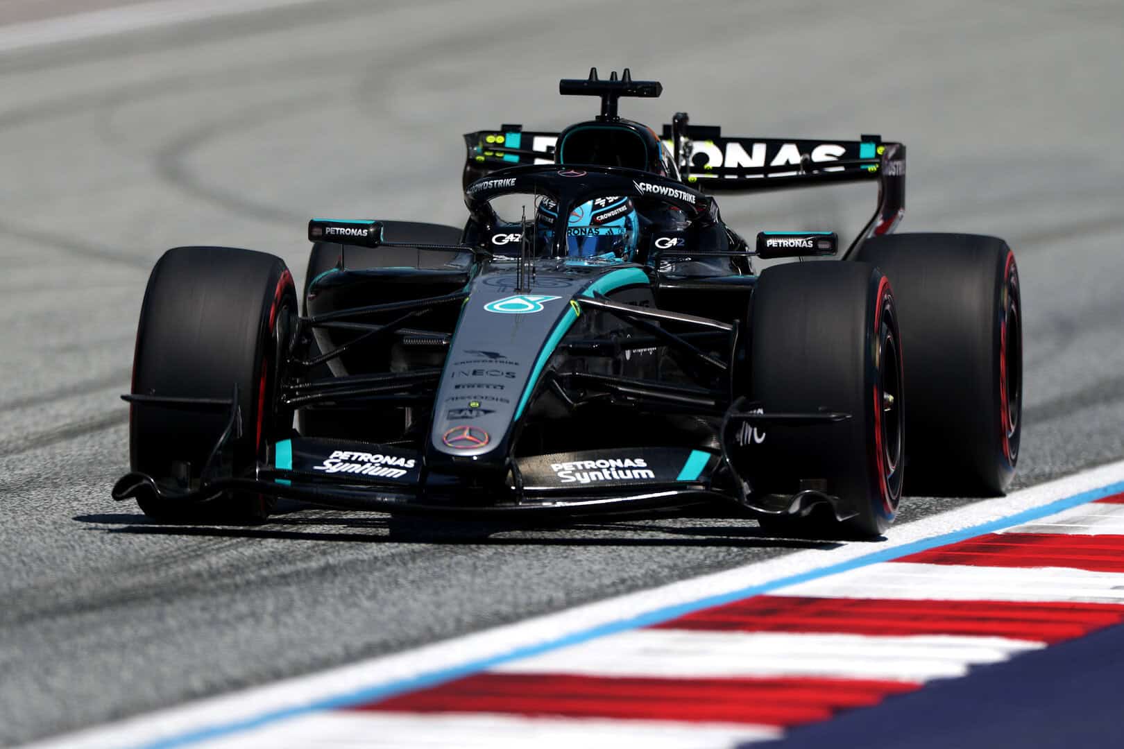 George Russell drives for Mercedes during the 2026 F1 Austrian Grand Prix.