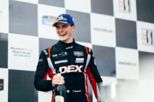 Trent Hindman celebrating winning the GTD class in the StubHub Monterey SportsCar Championship, 5/10/2026 (Photo: Wayne Taylor Racing)