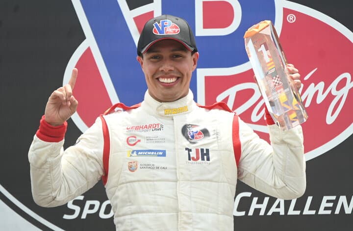 Oscar Tunjo celebrates his win in VP Racing SportsCar Challenge Race No. 1 at Mid-Ohio, 6/6/2026 (Photo: Phil Allaway)