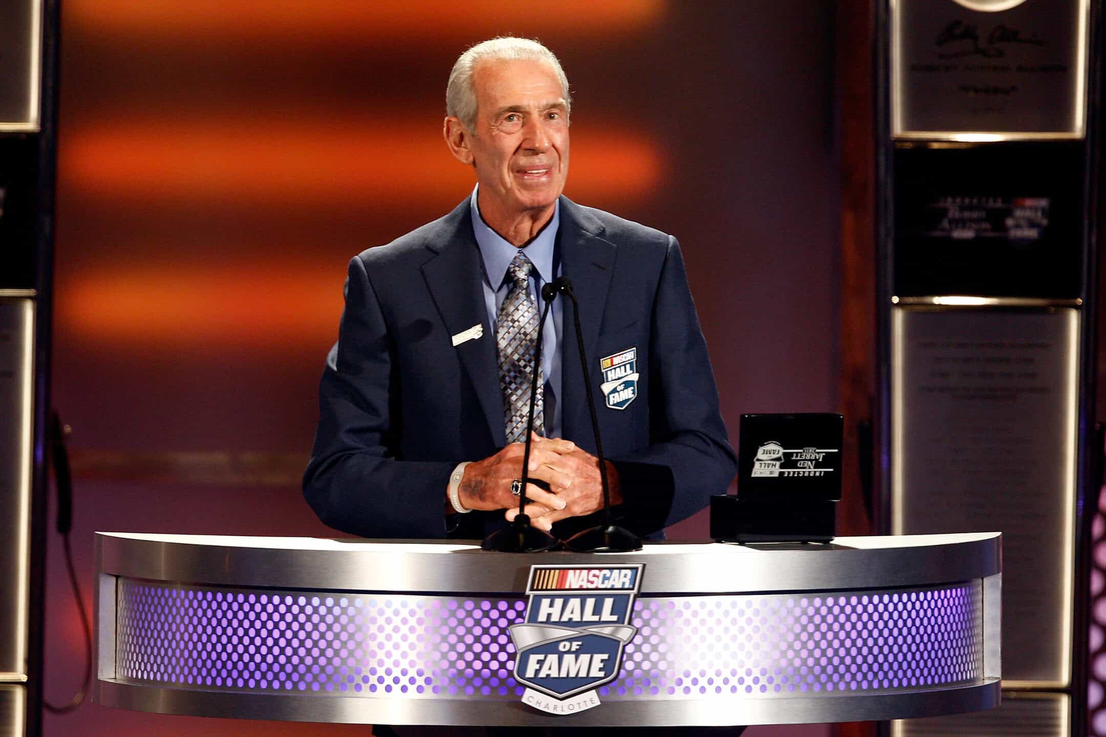 CHARLOTTE, NC - MAY 23: Class of 2011 Inductee Ned Jarrett speaks on stage during the 2011 NASCAR Hall of Fame induction ceremonies at the Charlotte Convention Center on May 23, 2011 in Charlotte, North Carolina.
