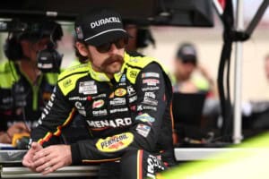 NORTH WILKESBORO, NORTH CAROLINA - JULY 18: Ryan Blaney, driver of the #12 Menards/Duracell Ford, looks on during practice for the NASCAR Cup Series Window World 450 at North Wilkesboro Speedway on July 18, 2026 in North Wilkesboro, North Carolina.