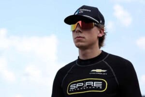 Carson Hocevar, driver of the #77 Delaware Life Chevrolet, looks on during qualifying for the NASCAR Craftsman Truck Series Faith Fest 250 at North Wilkesboro Speedway on July 17, 2026 in North Wilkesboro, North Carolina. (Photo by David Jensen/Getty Images)