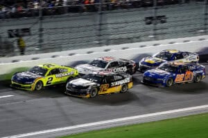 #2: Austin Cindric, Team Penske, MenardsMaytag Ford Mustang, #12: Ryan Blaney, Team Penske, Advance Auto Parts Ford Mustang, #22: Joey Logano, Team Penske, Autotrader Ford Mustang