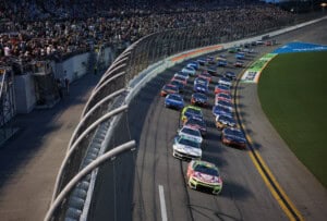 DAYTONA BEACH, FLORIDA - AUGUST 29: Ross Chastain, driver of the #1 Wendy's Watermelon Lemonade Chevrolet, leads the field during the NASCAR Cup Series Coke Zero Sugar 400 at Daytona International Speedway on August 29, 2026 in Daytona Beach, Florida.